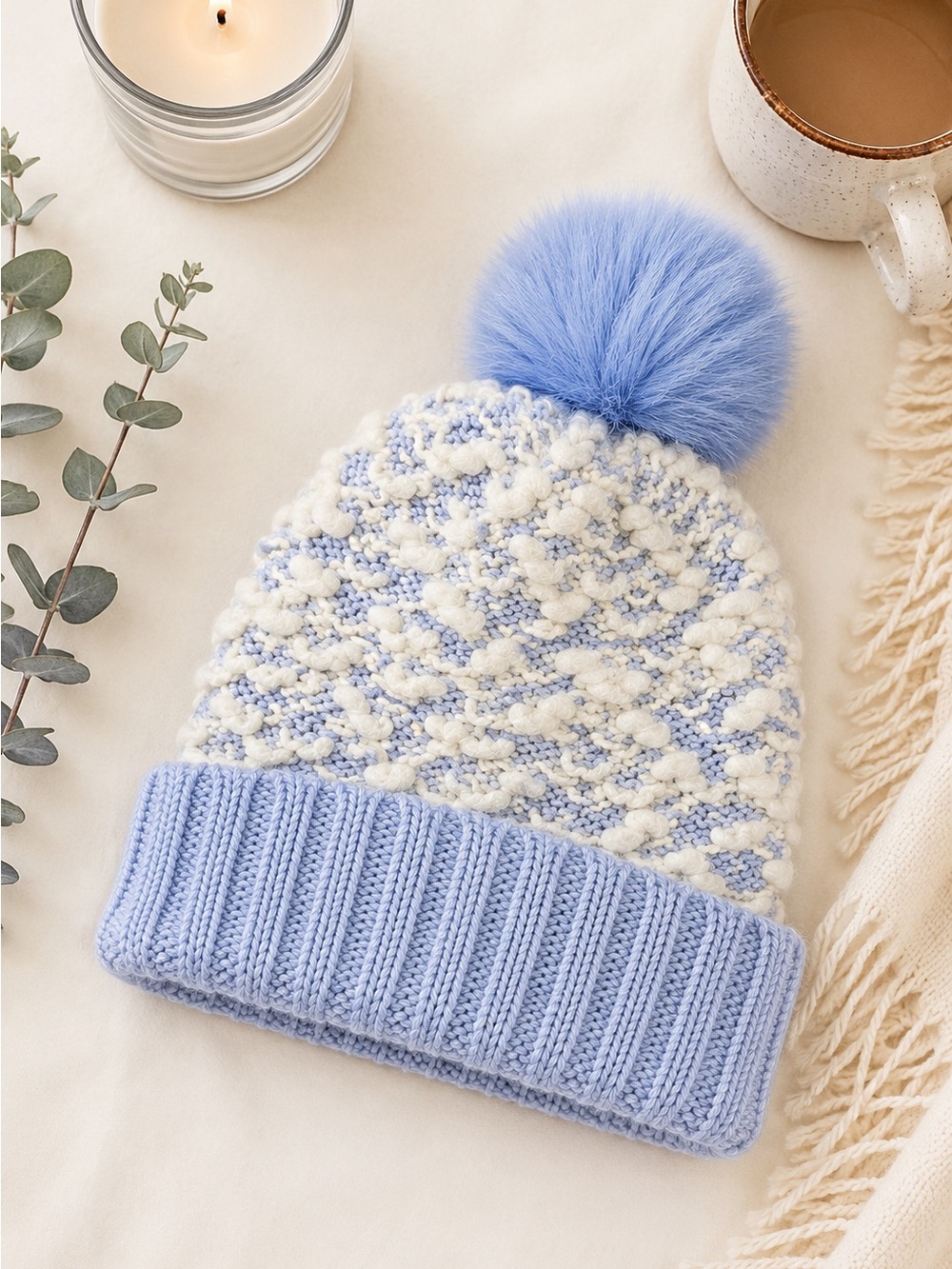 Free People Movement Big Sky Pom Beanie Blue Cream Chunky Knit Hat - Women